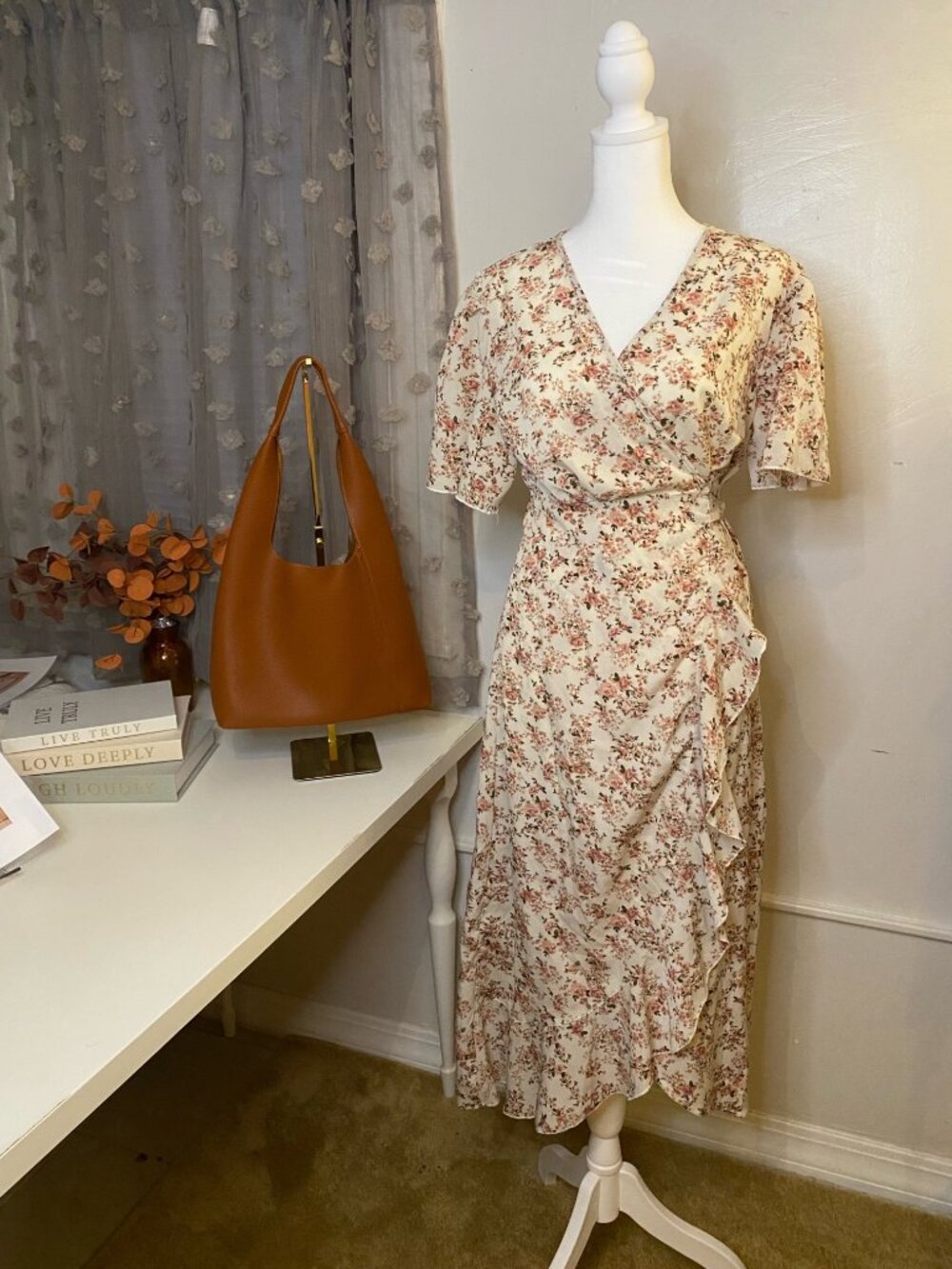 SHEIN Floral Wrap Midi Dress | Cream Pink Ruffle | Size Large
